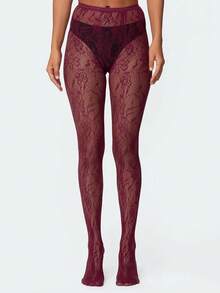 Burgundy Lace Trim Fishnet Stockings - Burgundy Transparent Mesh Pantyhose With Floral Trim, Romantic Gothic Style Tights