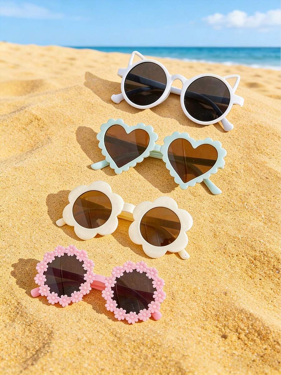 4-Piece Set - New Children's White Flower Glasses, Pink Round Frame Daisy Glasses, Cute Little Boy/Girl White Cat Glasses, Glasses Set Combination - Multicolor - View 1