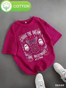 Women's Retro Gothic Halloween T-Shirt - Fantasy Ghost Pattern Short Sleeve Shirt - Black Retro Top With Ghosts, Roses, And Nightmare Quotes - Lightweight Summer Theme Party Casual Wear, Fun Aesthetics, Breathable Fabric, Unique Fashion, Alternative  - Unisex Plus Size Top - 玫紅色 - 查看 3