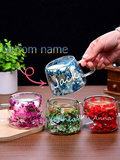 1 pieza Taza de vidrio de doble capa personalizada con asa, adecuada para café, té, leche con té, americano helado, hecha de vidrio transparente de borosilicato resistente al calor, con un gran patrón floral, agarre cómodo, adecuada para invierno y verano, regalo ideal para parejas, amigos, familia, cumpleaños, vacaciones, utensilios de cocina