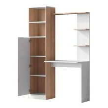 Arbeitstisch/Schreibtisch Mit Aufbewahrung – White Mit Stabholzkontrast, Unterer Schrank Mit Türen Und Oberes Offenes Regal, Büro-Design, 123.5x45x168.5 Cm - White - View 7
