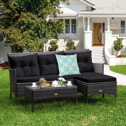  COSTWAY 3 PCS Outdoor Rattan Conversation Set, Patio Furniture Set W/ 5 Elastic Seat & Back Cushions, High Durability, Tempered Glass Coffee Table, Ideal For Poolside, Balcony, Backyard, Easy Installation, Black