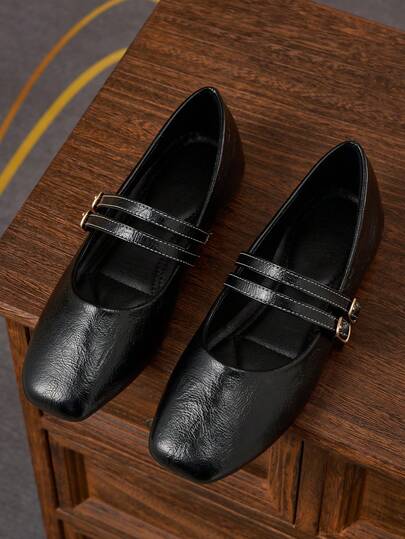 Women's Fashion Square Toe Mary Jane Shoes, Suitable For Daily Commute, Office, Party, Date, Casual Versatile Slip-On Shoes, Double Strap, Two Straps, Work Shoes