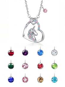 1pc Girls Cute Popular 12colors Birthstone & Heart Shaped Unicorn Silver Necklace For Kids Birthday Gift For And Daily Life - Silver - View 1