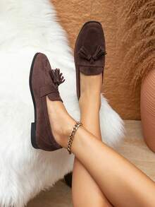 女士优雅棕色仿鹿绒流苏装饰方头乐福鞋，带蝴蝶结，适合居家穿着 - 棕色 - 查看 5