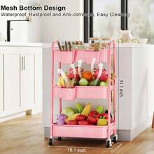 3 Tier Rolling Cart Metal With Wheels, Heavy Duty White Three Tiered Cart Organizer On Wheels, Utility Roller Storage Carts Art, Nursery, Diaper Caddy, Snack, Book, Nail, Cleaning Supplies - 柔粉紅 + 三層 + 杯子 + 掛鉤 - 查看 6