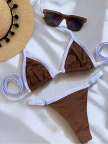 Women's Athens String Bikini Top In Supplex With Adjustable Straps - Brown With White - View 3