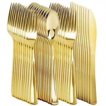 150/100/50/30/25/10/5件套镀金可重复使用餐具套装 - 刀/叉/勺，适用于蛋糕、沙拉、西餐、意面，另配咖啡搅拌棒，适合派对、户外活动、家庭聚会、婚礼、生日、节日、万圣节、圣诞节等场合，易于清洁和重复使用！经久耐用的餐具 - 完美的派对用品