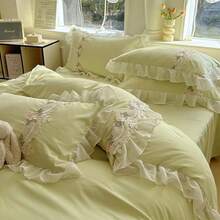 Chic Flowers Lace Bedding Set,3 Piece French Princess Style Comforter Duvet Cover Set(1 Queen Duvet Cover 90x90 Inch, 2 Pillowcases) Aesthetic Bedding For Romantic French Wedding - 青檸色 - 查看 6