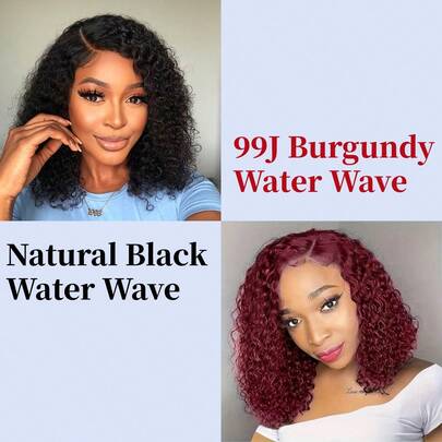 ZHENDEFA 99J 酒红色波波头假发，真人发，13x4 高清透明蕾丝前假发，预先拔毛的短款波波头假发，无需胶水的波浪假发，女士真人发