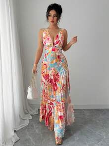 Women's Sexy Spring Summer Holiday Dress, Deep V-Neck, Sleeveless, Small Floral Print, Pleated Hem With Slit - Pink - View 4
