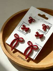 6pcs/Set Classic French Elegant Colorful Bow Stud Earrings Set, Suitable For Holidays Gift And Daily Wear For Women - Red - View 4