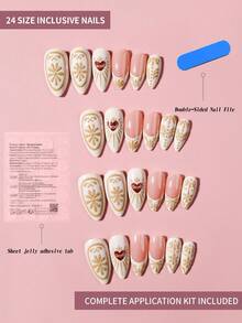 Bộ 24 miếng dán móng tay hình hạnh nhân 3D bằng gel vàng kiểu Pháp, họa tiết cánh hoa, hoa và trái tim, phong cách Valentine, dễ sử dụng, bao gồm 1 gel dẻo và 1 dũa móng, phù hợp cho phụ nữ và bé gái sử dụng hàng ngày và các bữa tiệc khác nhau. - Nhiều màu - Xem 7
