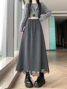 2026 女士春季灰色羊毛混纺加厚高腰修身蕾丝拼接A字喇叭裙 - 灰色 - 查看 3