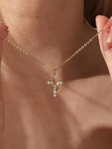 1pc 18K Gold Plated Stainless Steel Women's Delicate Crown Cross Necklace, Inlaid With Cubic Zirconia, Titanium Steel Choker, Love Gift, Religious Jewelry, Valentine's Day Gift For Her - Multicolor - View 2