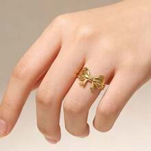 1pc Cute Bow Stainless Steel Gold Plated Adjustable Open Ring, Suitable For Daily Wear And Holiday Gifts - As Shown - View 3