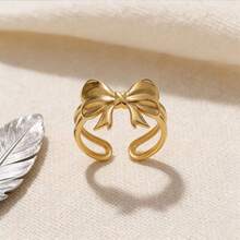 1pc Cute Bow Stainless Steel Gold Plated Adjustable Open Ring, Suitable For Daily Wear And Holiday Gifts - As Shown - View 2