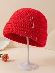 1 peça Unissex de Crochê Feito à Mão, Cor Sólida, Broche Removível, Gorro de Tricô Vazado, Estilo Urbano Moderno, Gorro de Inverno Quente - Multicolorido - Ver 6