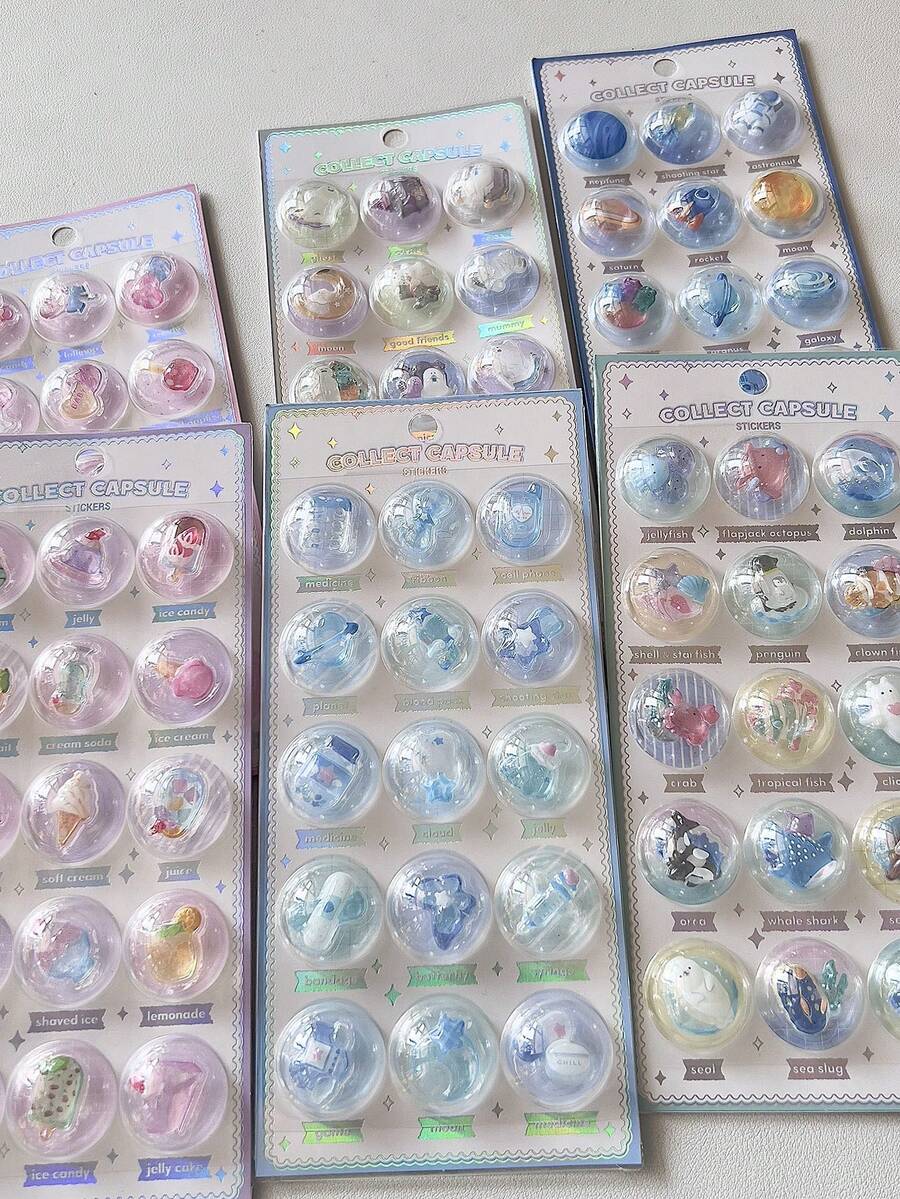 3D立体浮雕贴纸，可爱卡通人物，浮雕奖励贴纸，适用于手机、珠宝、水晶等装饰，海洋、蝴蝶、冰淇淋等主题装饰贴纸 - 彩色 - 查看 1