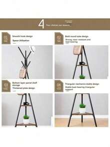 1pc 3-Prong Standing Coat Rack With 2-Tier Shelves, Industrial Style Vintage Brown-Black Coat Rack, 180cm Height, For Hanging Clothes, Hats, Bags - Black - View 5