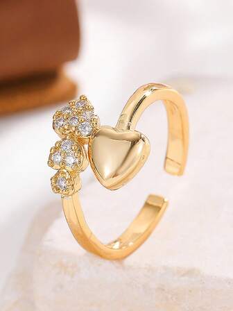 1pc Niche Design Luxurious High-End Personalized Minimalist Rhinestone Heart Open Ring