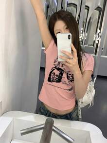 粉色修身常规肩短袖T恤，美式时尚百搭复古夏季休闲上衣 - 粉色 - 查看 4