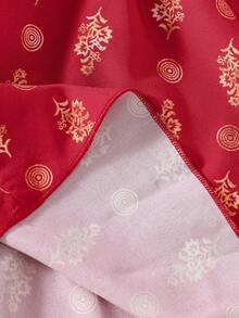 Girls' Spring/Summer New Ramadan Dress, Burgundy Foil Floral Pattern + Lace Crochet Trim, Children's Traditional Embroidered Formal Dress - Red - View 11
