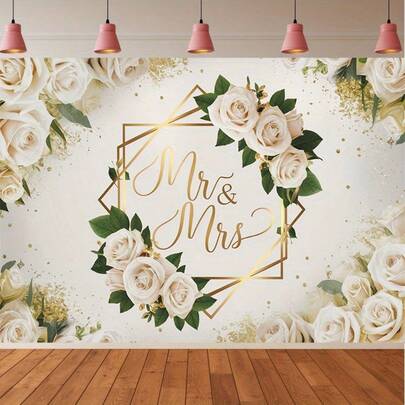 2Dflat,1pc Elegant White Flower Wedding Party Backdrop - Polyester Banner With Golden "Mr. And Mrs." Design, Suitable For Home And Wall Decoration, Photo Props And Celebrations, Wedding Decorations
