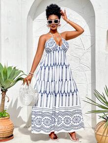 BIUBIU Vestito lungo da donna con scollo ad aletta e schiena scoperta, in tessuto intrecciato, adatto per vacanze e spiaggia, taglie comode - Blu e Bianco - Visualizzare 3