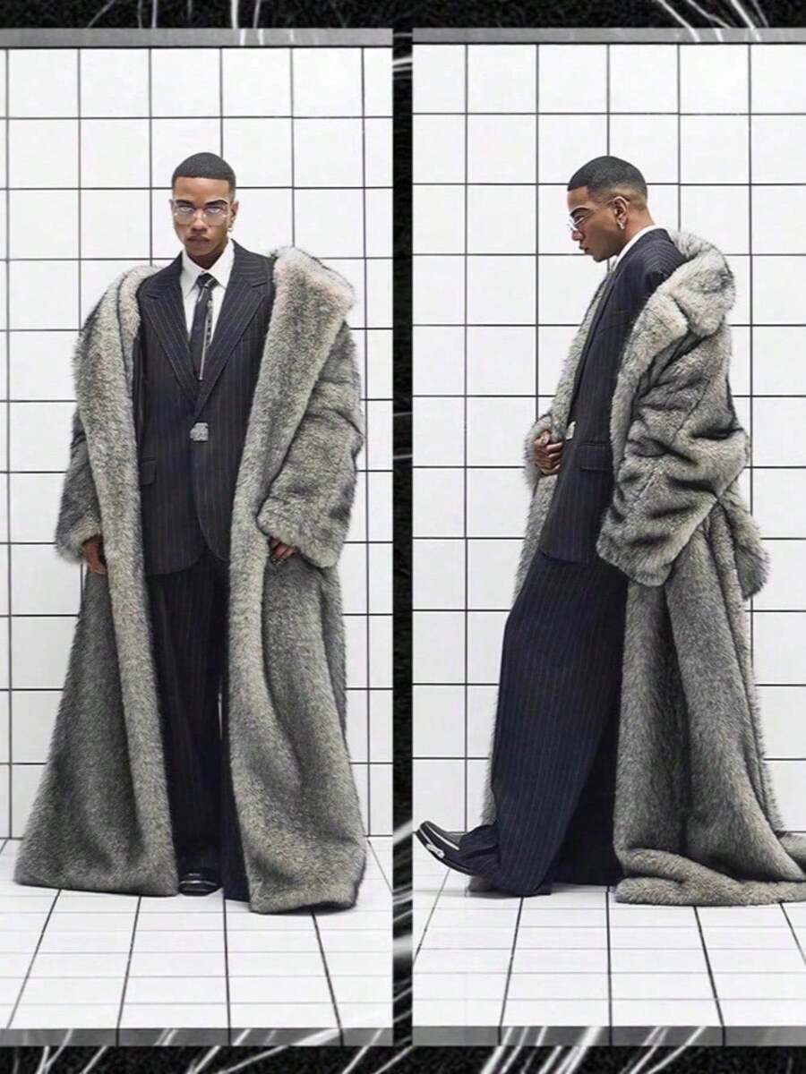 Artificial Wool Long Thermal Men's Lapel Long Coat Winter Windproof Warm Trench Coat Coat Coat - Xám - Xem 1