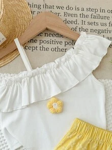 Girls Summer White & Yellow 2-Piece Set: Ruffle Trim Asymmetric Shoulder Floral Top + Bowknot Jacquard Skirt, Sweet Princess Style Children Casual Outfit - Yellow - View 9