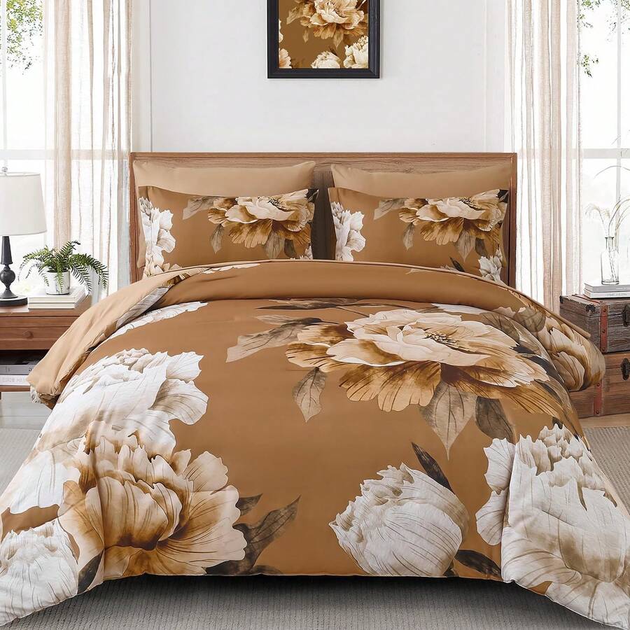 7 Piece Brown Floral Comforter Set Full/Queen/King Size Bed In A Bag,Flowers Printed On Light Comforter Set With Sheets, Soft Microfiber Botanical Bedding Set For Wedding Items,Home Bed Room Decor,Easter Gifts,Mothers Day Gift,All Season - Nâu 0870 - Xem 1