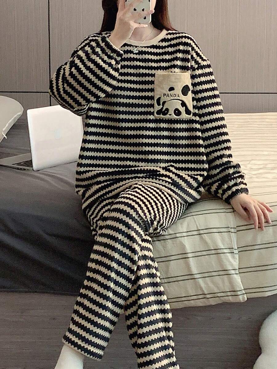 2件套女士条纹抓绒睡衣套装，熊猫刺绣，前口袋，冬季家居服，舒适保暖，蓬松柔软 - 卡其色 - 查看 1