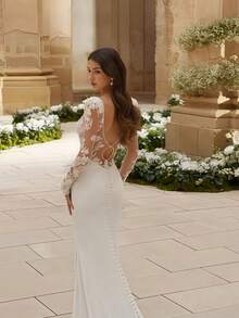 Vestido de novia sexy desmontable profundo V pura encaje satén sirena vestido de novia con chal de encaje y tren, mangas largas, vestidos de novia para la novia, elegante y cómodo, incluye tamaños más, vestido de novia, vestidos formales para las mujeres, adecuado para la boda, fiesta, vacaciones, novia, ocasiones formales, vestido de cena, vestido de baile, vestido después de la fiesta, vestido de regreso a casa, fiesta de cóctel, fiesta de cumpleaños, celebración, gala, festival, ceremonia - Blanco - Ver 5