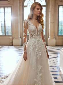 Vintage cuello profundo V largo encaje manga completa encaje aplicado vestido de novia con tren de tulón, vestido de novia, vestidos de novia para la novia, elegante y cómodo, incluyendo tamaño mayor, vestidos formales para las mujeres, adecuado para la boda, fiesta, vacaciones, novia, ocasiones formales, vestido de cena, vestido de baile, vestido después de la fiesta, vestido de regreso a casa, fiesta de cóctel, fiesta de cumpleaños, celebración, gala, festival, ceremonia - Blanco - Ver 1