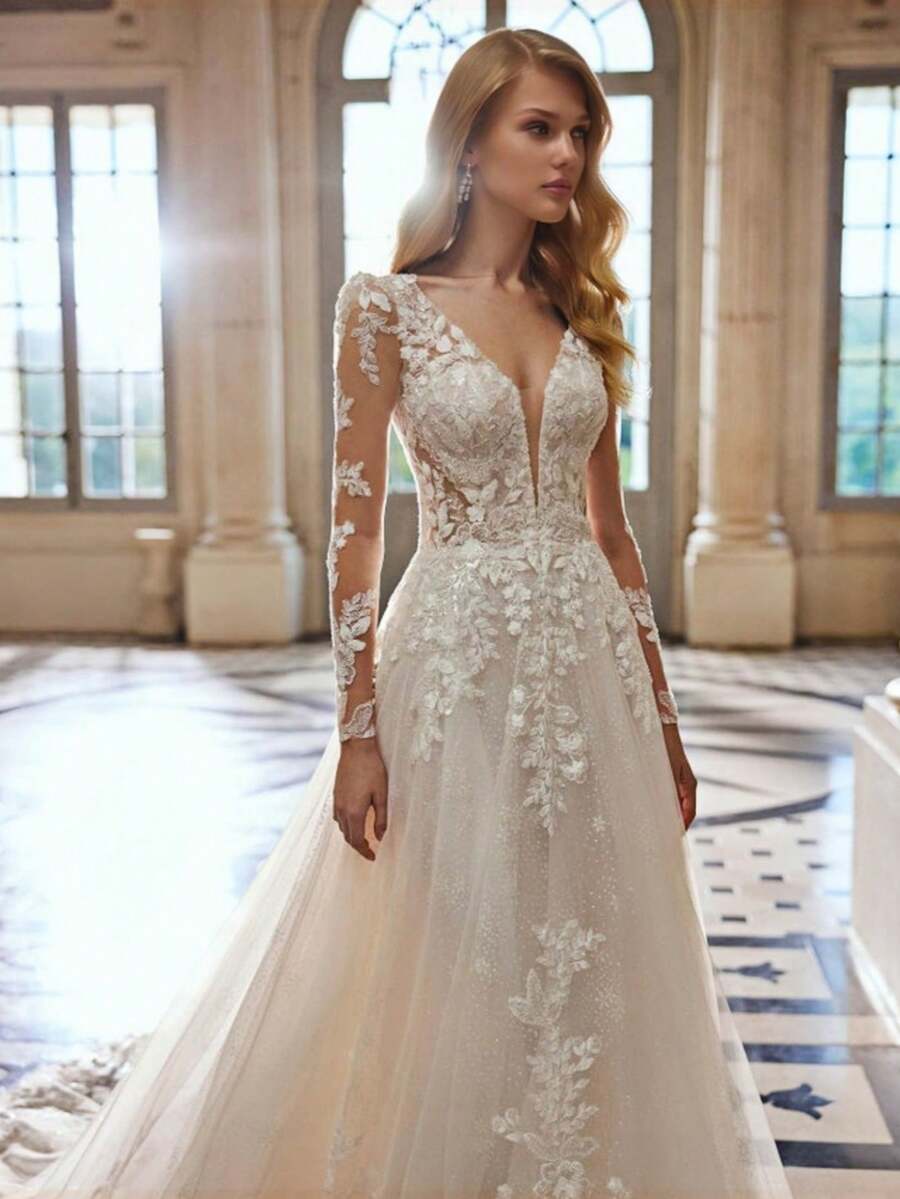 Vintage cuello profundo V largo encaje manga completa encaje aplicado vestido de novia con tren de tulón, vestido de novia, vestidos de novia para la novia, elegante y cómodo, incluyendo tamaño mayor, vestidos formales para las mujeres, adecuado para la boda, fiesta, vacaciones, novia, ocasiones formales, vestido de cena, vestido de baile, vestido después de la fiesta, vestido de regreso a casa, fiesta de cóctel, fiesta de cumpleaños, celebración, gala, festival, ceremonia - Blanco - Ver 1