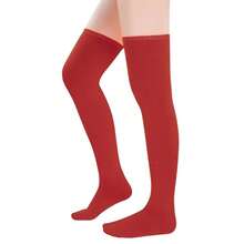 Zando Womens Thigh High Socks Striped High Knee Socks Knee High Socks For Cosplay Long Socks Over The Knee Leg Warmers,OneSize,BrightRed - 鮮紅色 - 查看 3