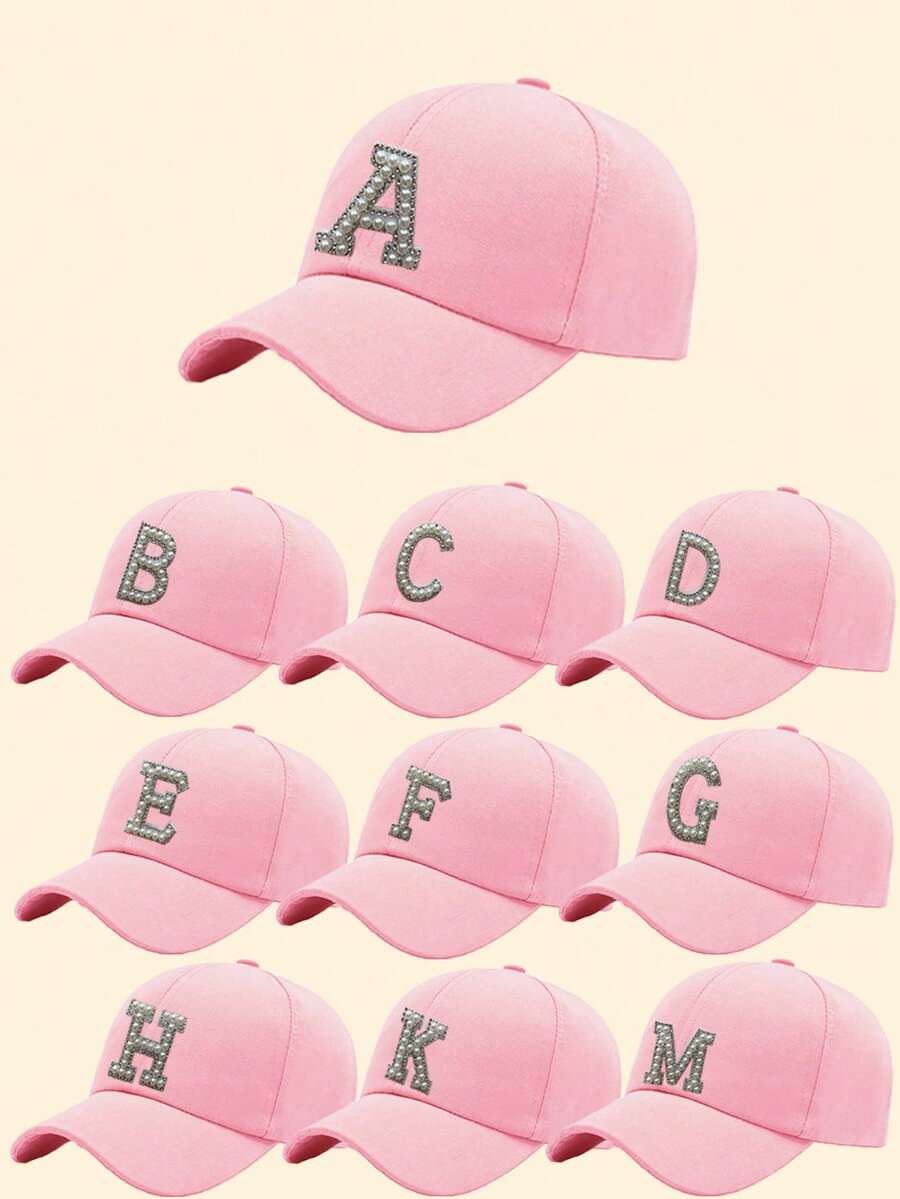 1 pieza Gorra de béisbol con patrón de letras A-Z, unisex, casual, versátil, transpirable y con protección solar, adecuada para uso diario, moda versátil, se puede usar como sombrero de sol para vacaciones/regalo de Navidad, verano, playa, vacaciones, viaje - Rosa - Ver 1