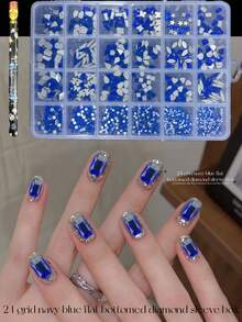 KIRAME 24-Grid DIY Manicure K9 Glass Blue Flat Bottom Rhinestone Set - 20pcs High Gloss Rhinestones Per Style, Includes 1pc Dotting Pen, Nail Gems, Suitable For Nail Salons, Home Manicure, Nail Art Supplies, Christmas, New Year, Valentine's Day Nails, Holiday Gifts, Also For Crafts, Clothing, Textiles, Shoes, Glassware, Jewelry Making - Multi-Size Sparkling Decorations - 藍色 - 查看 3