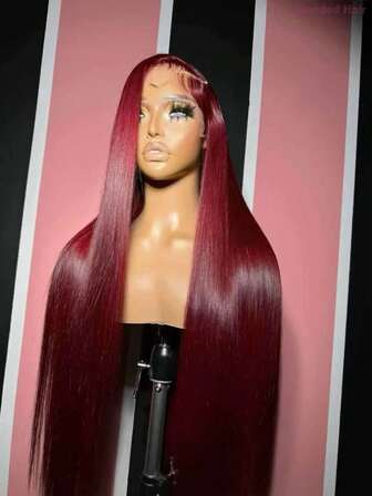 200 % densitet 34 tum rak 13*4 HD transparent spetsfrontperuk - förplockad, förblekt, fördragen, förstrykning, spetsfrontperuk, limfri med naturlig hårlinje - #99J Bugundy #BUG vinröd färg - sätt på och gå öra till öra, brasilianska jungfruhårsperuker med blandat hår, frontal, limfria vävda peruker för kvinnor med babyhår - lämplig för alla människor, dagligt bruk