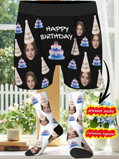 [DIY] Customized Underwear With Free Customized Socks, Novelty Underwear With Personalized Big Head Photo/Portrait/Face Replacement, Comfortable Fabric, Gift For Friends/Partner/Lover, Party/Birthday Present