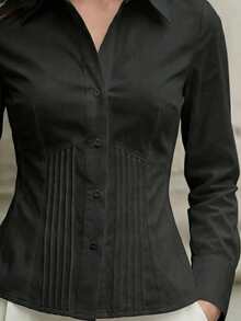 女士纯色纽扣长袖衬衫，优雅通勤休闲修身款，适合办公室、居家、日常、约会等场合，四季皆宜，黑色春季款 - 黑色 - 查看 4
