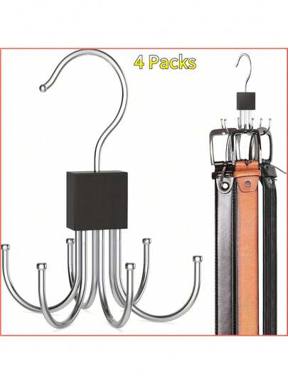 4 Pieces Large Capacity Multi-Purpose Belt Hanger, Rotatable Wooden Belt Rack Wardrobe Organizer, Suitable For Belts, Bras, Tank Tops, Ties, Scarves, Stainless Steel Hanging Storage Hooks, Fashionable Wardrobe Accessories
