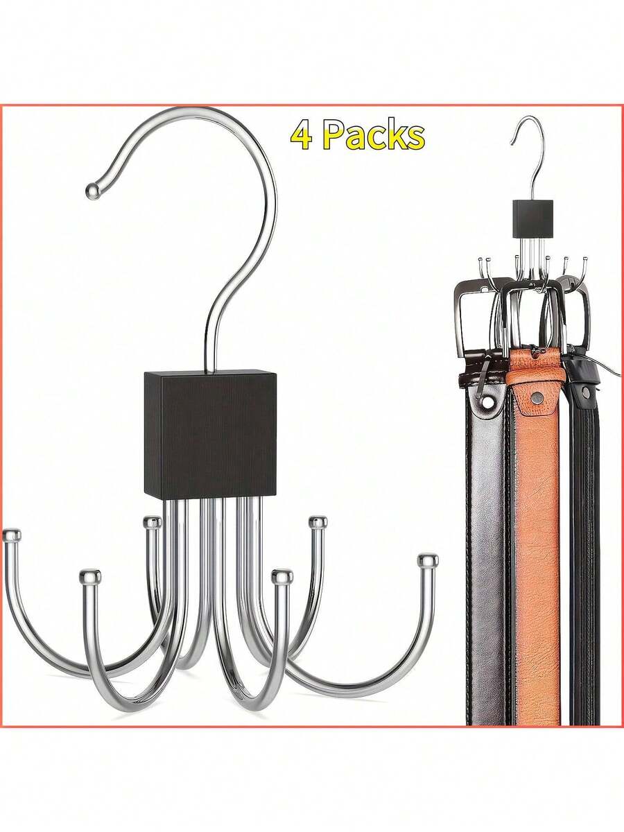 4 Pieces Large Capacity Multi-Purpose Belt Hanger, Rotatable Wooden Belt Rack Wardrobe Organizer, Suitable For Belts, Bras, Tank Tops, Ties, Scarves, Stainless Steel Hanging Storage Hooks, Fashionable Wardrobe Accessories - 4 gói - Xem 1