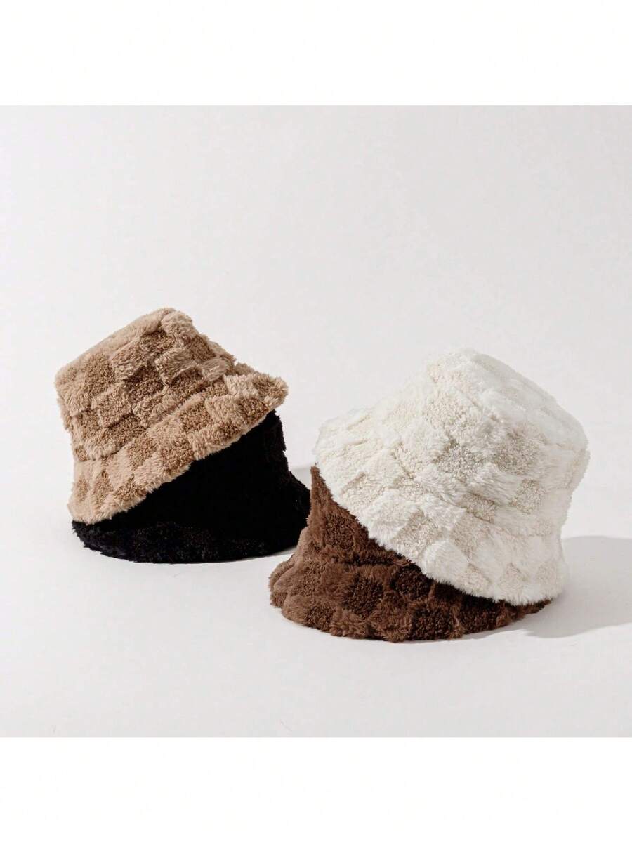 1pc Checkerboard Fleece Warm Bucket Hat, Fashionable & Versatile, Suitable For Autumn/Winter - Brown - View 1