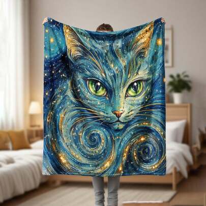 Blanket  Flannel  Ultra-Soft and Warm Throw, 280gsm Blanket for Couch, Bed,  Blue Cat With Green Eyes And Starry Swirls Pattern , Lightweight, Machine Washable, office student dormitory nap blanket home sofa cover blanket, Cozy Gift Idea.