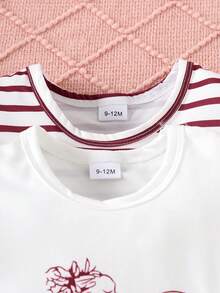 4pcs/Set Baby Girls Summer Outfit - Ballet Girl Print Mesh Dress & Striped Print Sleeveless Top + Solid Striped Casual Shorts Set - White - View 3