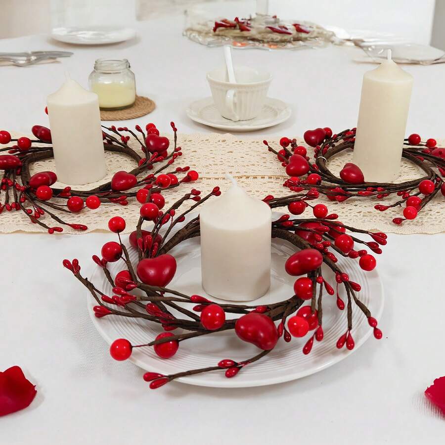 Decorazione di una corona di San Valentino, corona finta rossa da 10 pollici con decorazioni a forma di cuore e bacche, adatta per decorazioni di anniversari di matrimonio e cene a lume di candela. - Rosso - Visualizzare 1