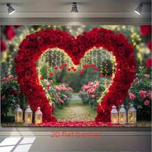 1款浪漫红玫瑰爱心拱门派对横幅 - 心形涤纶纤维背景布，配有串灯和灯笼，适用于家居装饰、房间墙面装饰和派对用品/礼品，营造浪漫氛围 | 优雅装饰 | 装饰灯笼 - 彩色 - 查看 1