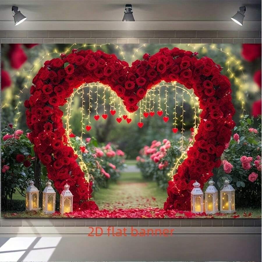 1款浪漫红玫瑰爱心拱门派对横幅 - 心形涤纶纤维背景布，配有串灯和灯笼，适用于家居装饰、房间墙面装饰和派对用品/礼品，营造浪漫氛围 | 优雅装饰 | 装饰灯笼 - 彩色 - 查看 1